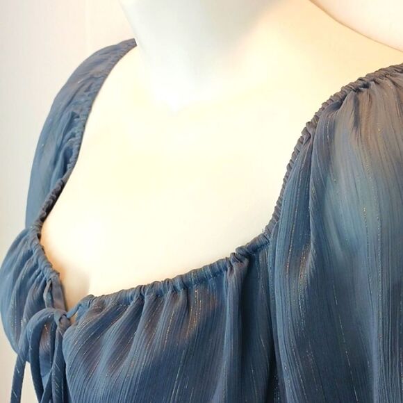 WAYF Whimsigoth Slate blue chiffon ruched long puff sleeve top size small fairy - Picture 2 of 13